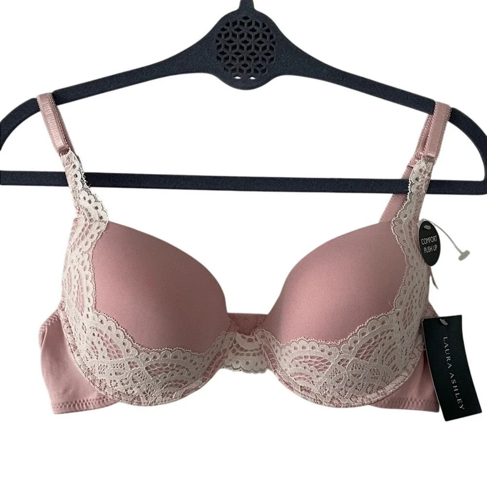 Laura Ashley Smokey Pink Comfort‎ Push Up Lace Bra 38C NWT